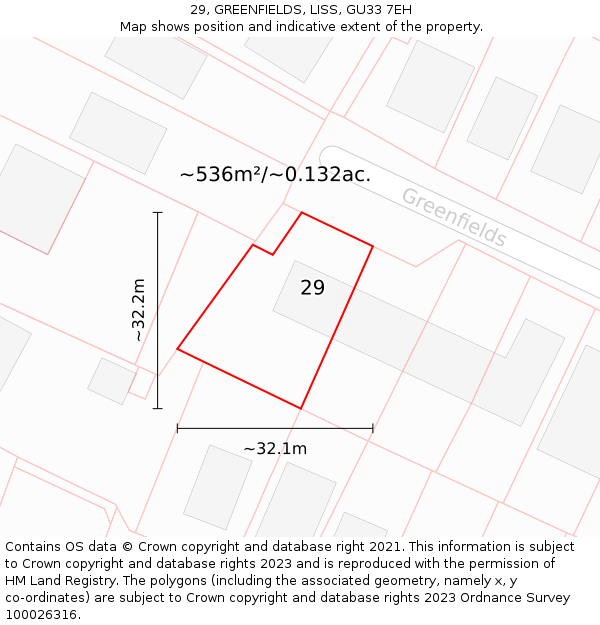 29, GREENFIELDS, LISS, GU33 7EH: Plot and title map