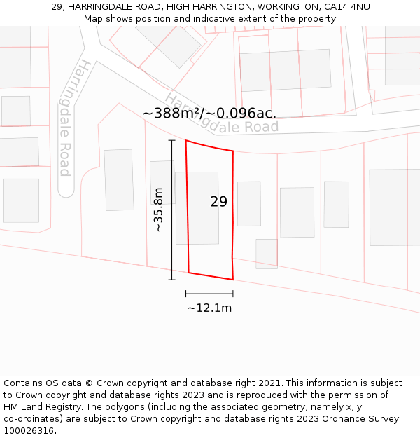 29, HARRINGDALE ROAD, HIGH HARRINGTON, WORKINGTON, CA14 4NU: Plot and title map