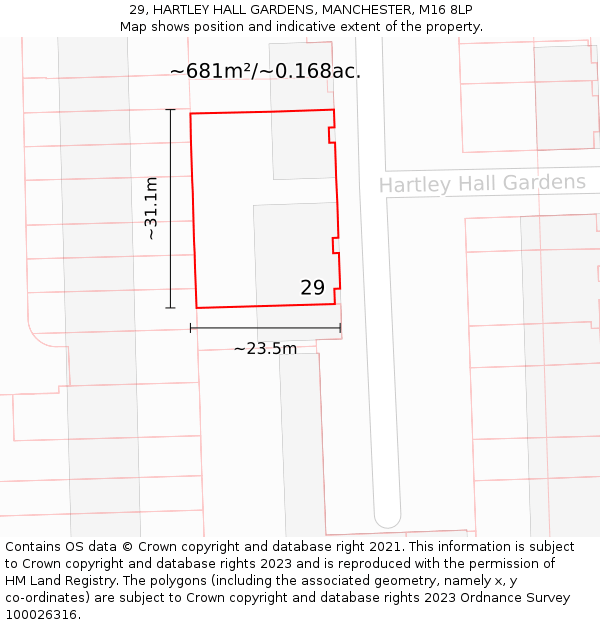 29, HARTLEY HALL GARDENS, MANCHESTER, M16 8LP: Plot and title map