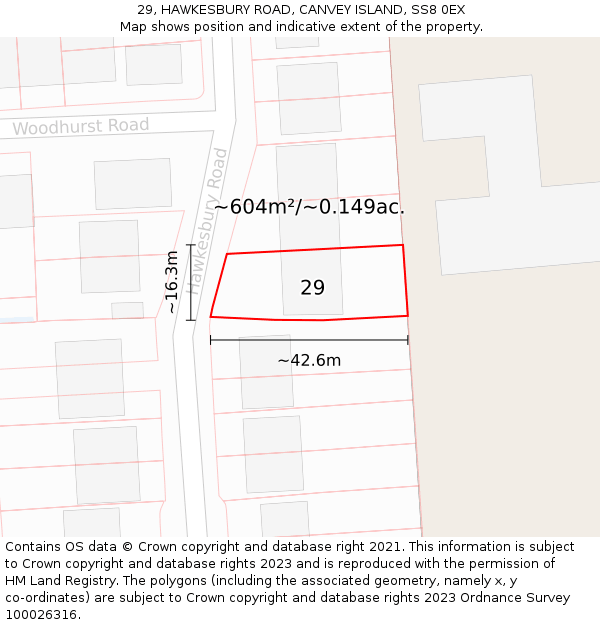 29, HAWKESBURY ROAD, CANVEY ISLAND, SS8 0EX: Plot and title map