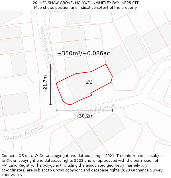 29, HENSHAW GROVE, HOLYWELL, WHITLEY BAY, NE25 0TT: Plot and title map