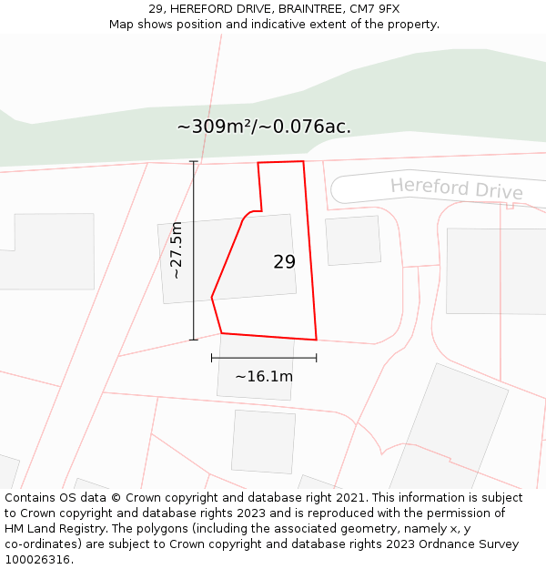 29, HEREFORD DRIVE, BRAINTREE, CM7 9FX: Plot and title map