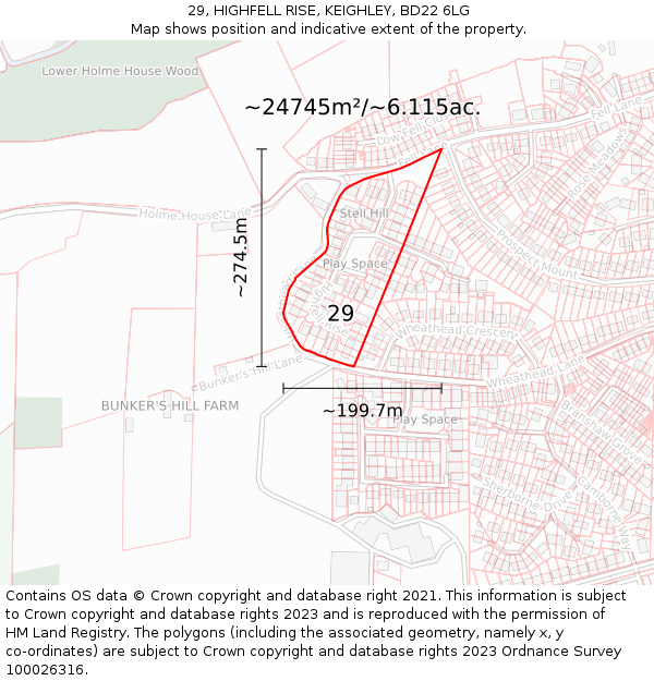29, HIGHFELL RISE, KEIGHLEY, BD22 6LG: Plot and title map