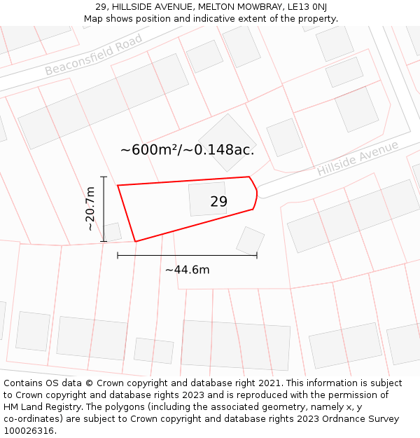 29, HILLSIDE AVENUE, MELTON MOWBRAY, LE13 0NJ: Plot and title map