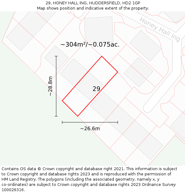 29, HONEY HALL ING, HUDDERSFIELD, HD2 1GP: Plot and title map