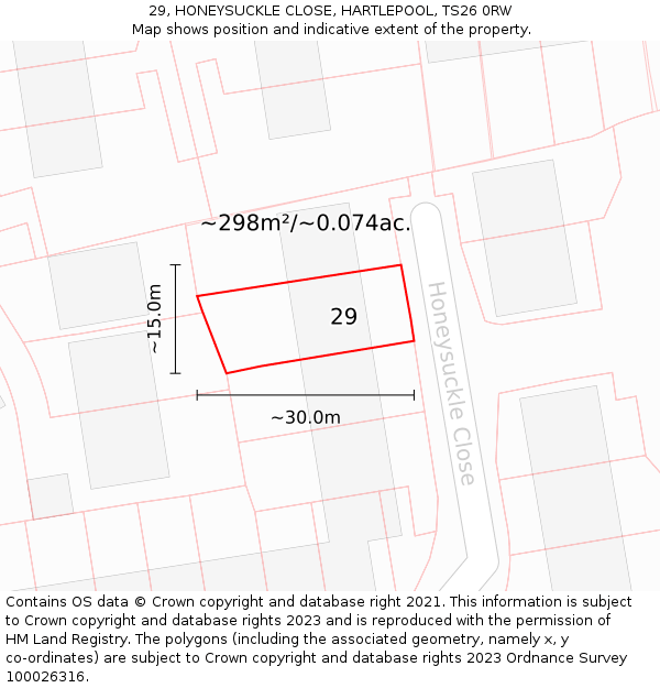 29, HONEYSUCKLE CLOSE, HARTLEPOOL, TS26 0RW: Plot and title map