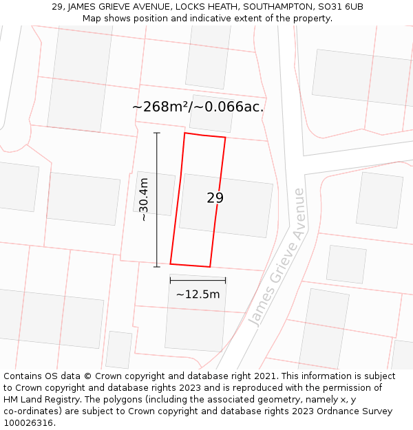 29, JAMES GRIEVE AVENUE, LOCKS HEATH, SOUTHAMPTON, SO31 6UB: Plot and title map