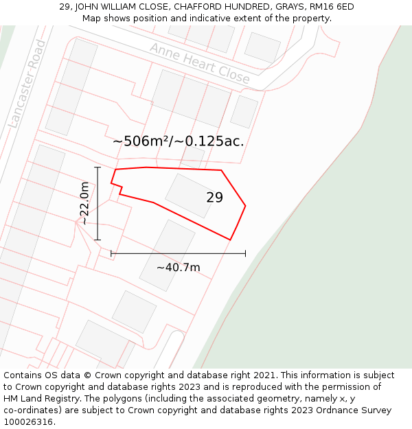 29, JOHN WILLIAM CLOSE, CHAFFORD HUNDRED, GRAYS, RM16 6ED: Plot and title map