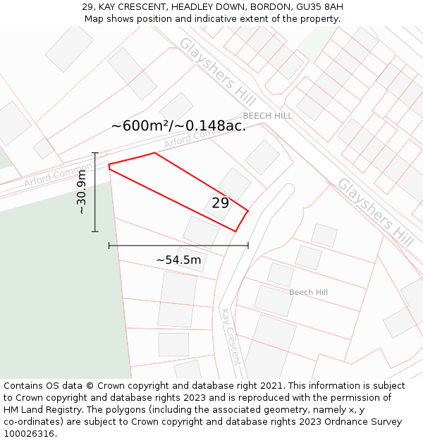 29, KAY CRESCENT, HEADLEY DOWN, BORDON, GU35 8AH: Plot and title map