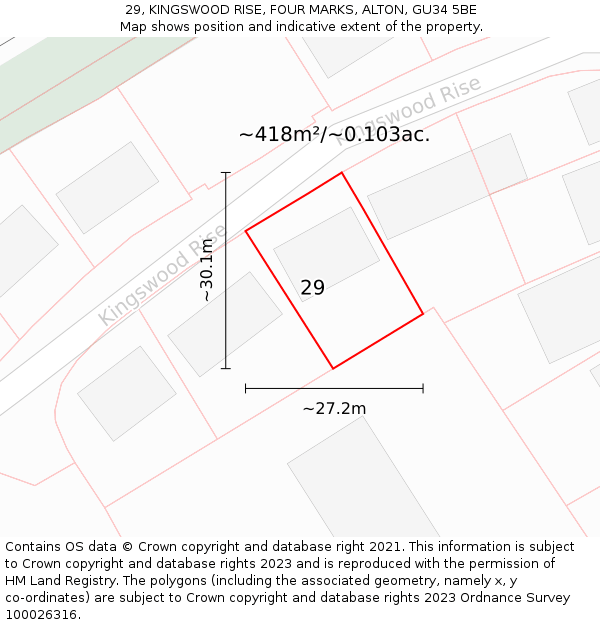 29, KINGSWOOD RISE, FOUR MARKS, ALTON, GU34 5BE: Plot and title map