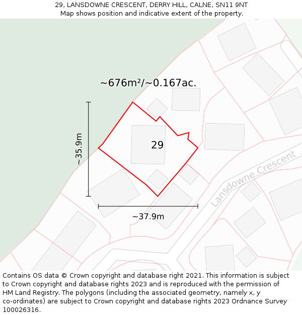 29, LANSDOWNE CRESCENT, DERRY HILL, CALNE, SN11 9NT: Plot and title map