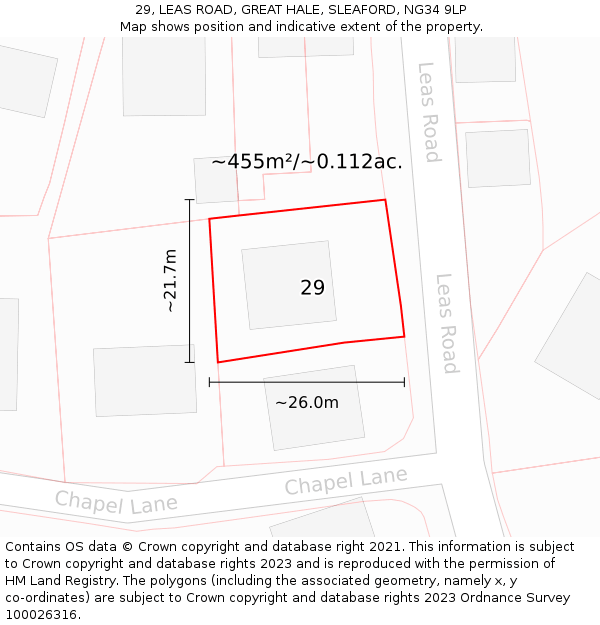 29, LEAS ROAD, GREAT HALE, SLEAFORD, NG34 9LP: Plot and title map