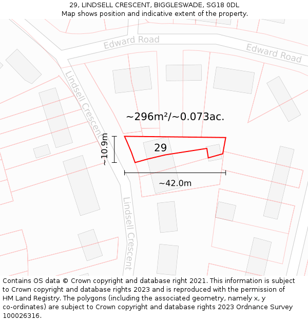 29, LINDSELL CRESCENT, BIGGLESWADE, SG18 0DL: Plot and title map