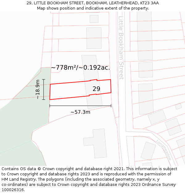 29, LITTLE BOOKHAM STREET, BOOKHAM, LEATHERHEAD, KT23 3AA: Plot and title map