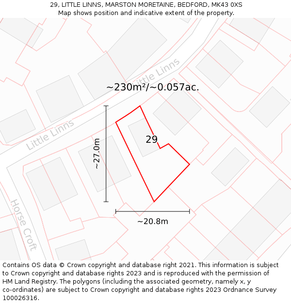 29, LITTLE LINNS, MARSTON MORETAINE, BEDFORD, MK43 0XS: Plot and title map