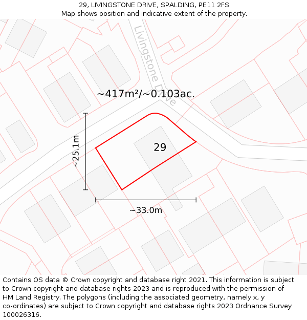 29, LIVINGSTONE DRIVE, SPALDING, PE11 2FS: Plot and title map