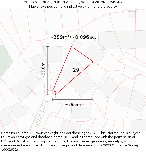 29, LODGE DRIVE, DIBDEN PURLIEU, SOUTHAMPTON, SO45 4LX: Plot and title map