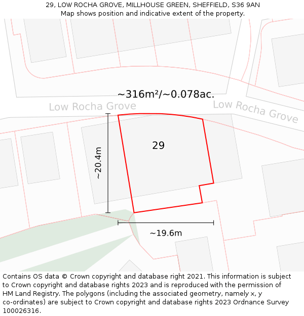 29, LOW ROCHA GROVE, MILLHOUSE GREEN, SHEFFIELD, S36 9AN: Plot and title map