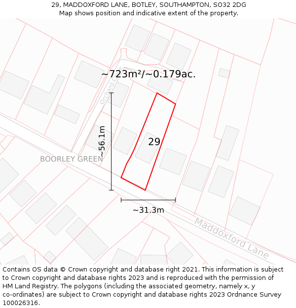 29, MADDOXFORD LANE, BOTLEY, SOUTHAMPTON, SO32 2DG: Plot and title map