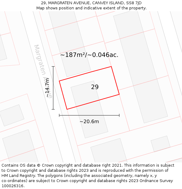 29, MARGRATEN AVENUE, CANVEY ISLAND, SS8 7JD: Plot and title map