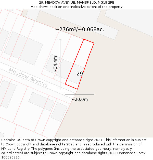 29, MEADOW AVENUE, MANSFIELD, NG18 2RB: Plot and title map