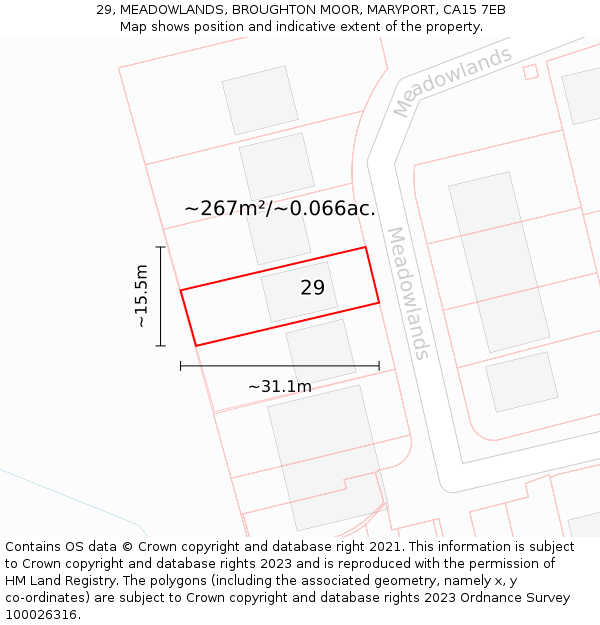 29, MEADOWLANDS, BROUGHTON MOOR, MARYPORT, CA15 7EB: Plot and title map