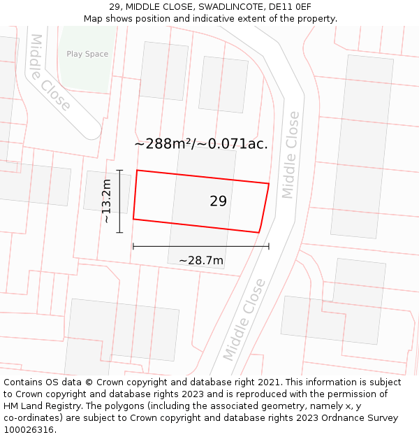 29, MIDDLE CLOSE, SWADLINCOTE, DE11 0EF: Plot and title map