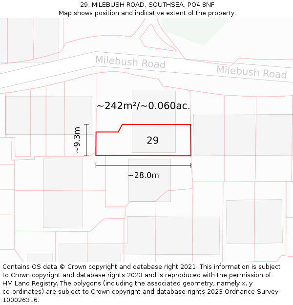 29, MILEBUSH ROAD, SOUTHSEA, PO4 8NF: Plot and title map
