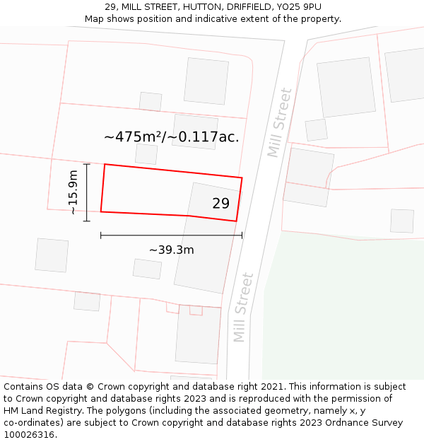 29, MILL STREET, HUTTON, DRIFFIELD, YO25 9PU: Plot and title map