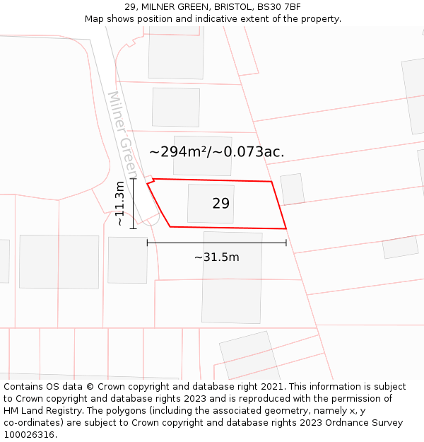 29, MILNER GREEN, BRISTOL, BS30 7BF: Plot and title map