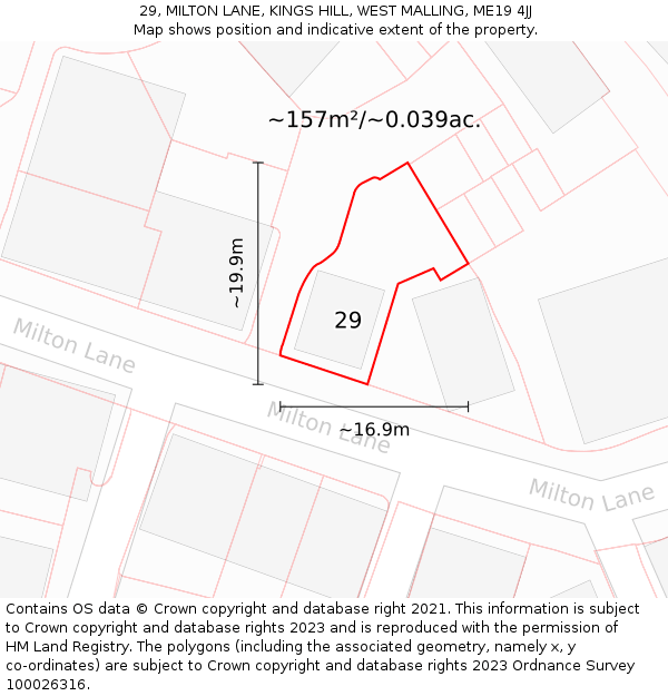 29, MILTON LANE, KINGS HILL, WEST MALLING, ME19 4JJ: Plot and title map