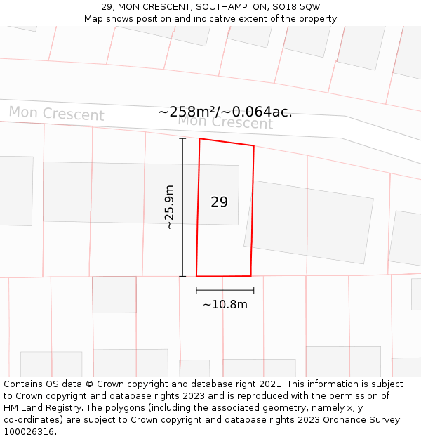 29, MON CRESCENT, SOUTHAMPTON, SO18 5QW: Plot and title map