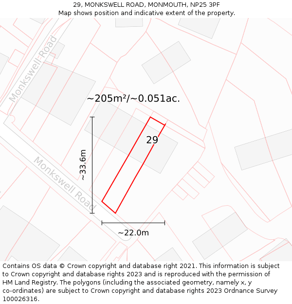 29, MONKSWELL ROAD, MONMOUTH, NP25 3PF: Plot and title map