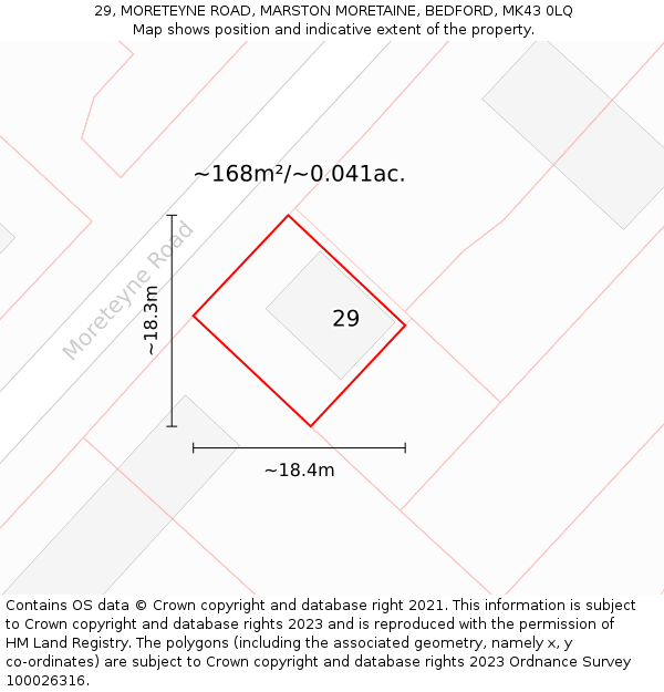 29, MORETEYNE ROAD, MARSTON MORETAINE, BEDFORD, MK43 0LQ: Plot and title map