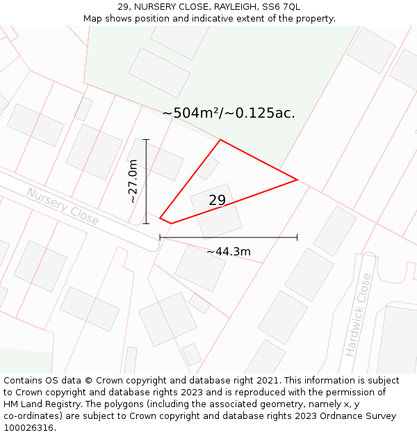 29, NURSERY CLOSE, RAYLEIGH, SS6 7QL: Plot and title map