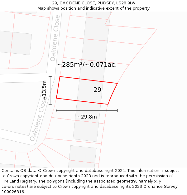 29, OAK DENE CLOSE, PUDSEY, LS28 9LW: Plot and title map