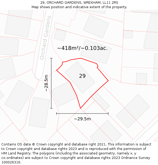 29, ORCHARD GARDENS, WREXHAM, LL11 2RS: Plot and title map