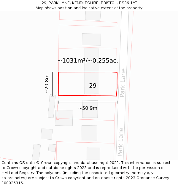 29, PARK LANE, KENDLESHIRE, BRISTOL, BS36 1AT: Plot and title map