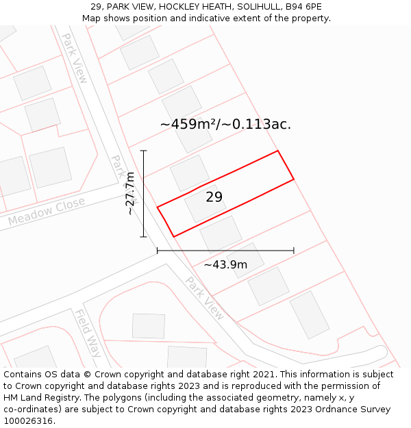 29, PARK VIEW, HOCKLEY HEATH, SOLIHULL, B94 6PE: Plot and title map