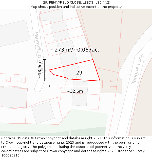 29, PENNYFIELD CLOSE, LEEDS, LS6 4NZ: Plot and title map