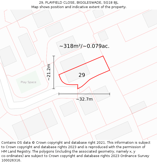 29, PLAYFIELD CLOSE, BIGGLESWADE, SG18 8JL: Plot and title map