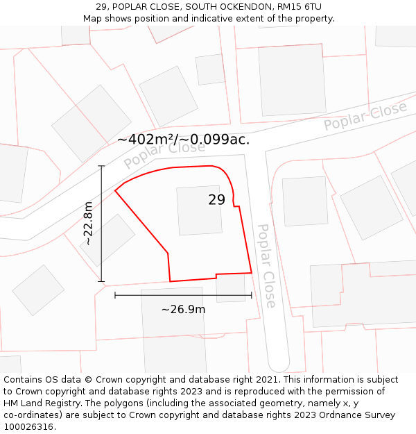 29, POPLAR CLOSE, SOUTH OCKENDON, RM15 6TU: Plot and title map