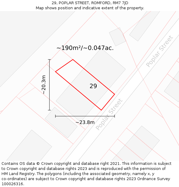 29, POPLAR STREET, ROMFORD, RM7 7JD: Plot and title map