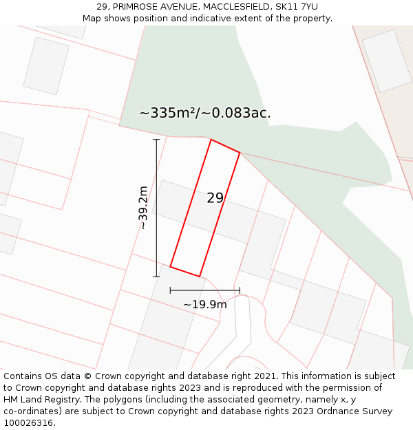 29, PRIMROSE AVENUE, MACCLESFIELD, SK11 7YU: Plot and title map