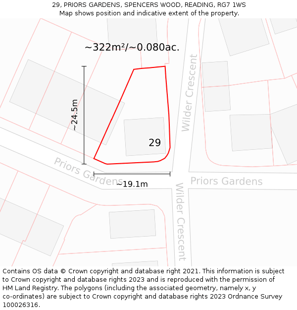 29, PRIORS GARDENS, SPENCERS WOOD, READING, RG7 1WS: Plot and title map