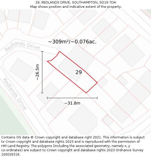 29, REDLANDS DRIVE, SOUTHAMPTON, SO19 7DA: Plot and title map