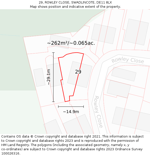 29, ROWLEY CLOSE, SWADLINCOTE, DE11 8LX: Plot and title map