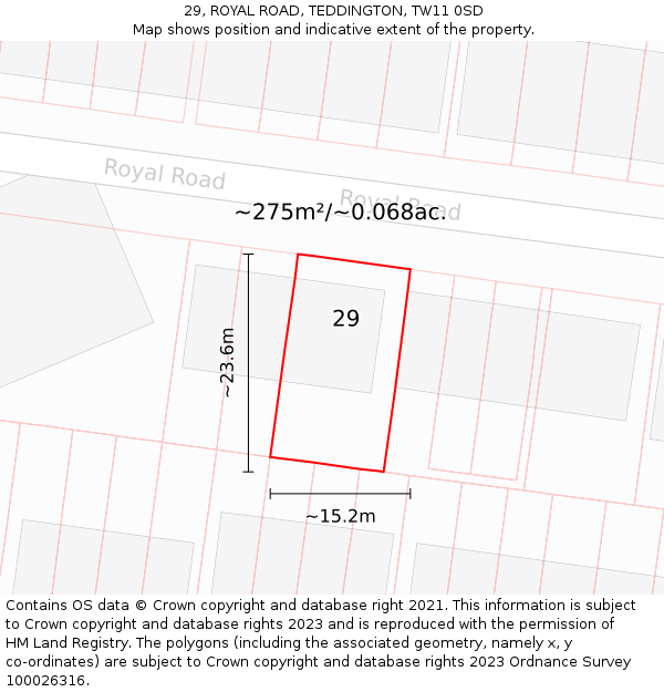 29, ROYAL ROAD, TEDDINGTON, TW11 0SD: Plot and title map