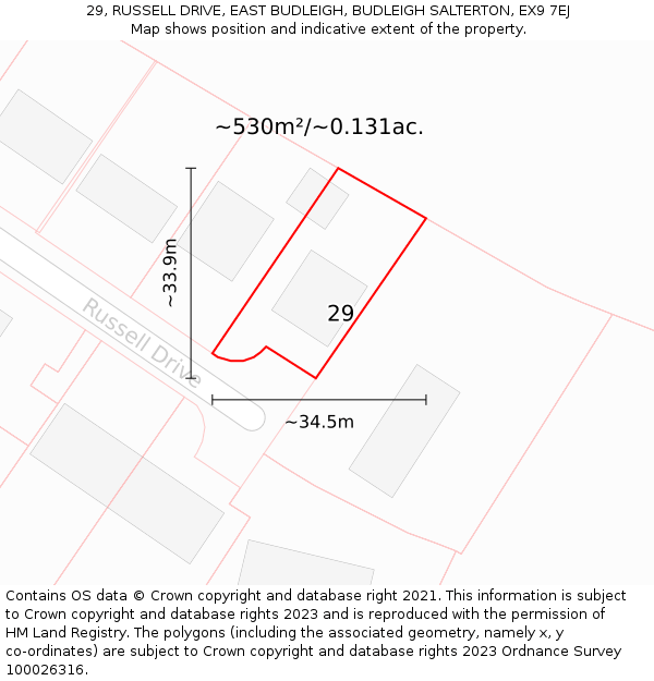 29, RUSSELL DRIVE, EAST BUDLEIGH, BUDLEIGH SALTERTON, EX9 7EJ: Plot and title map