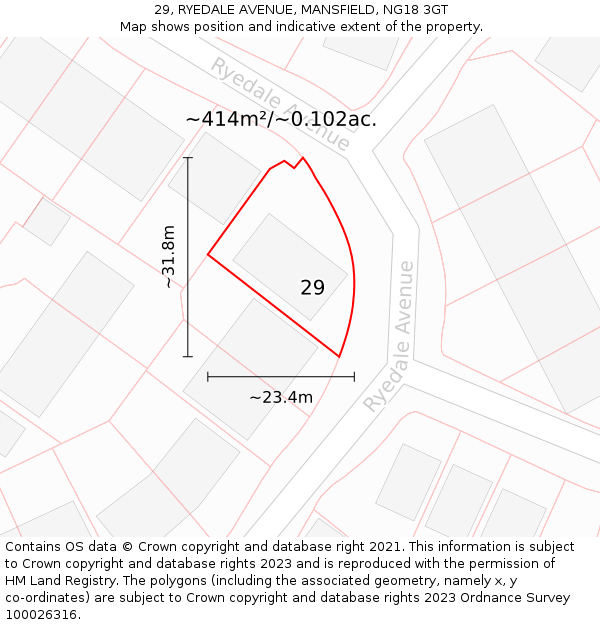 29, RYEDALE AVENUE, MANSFIELD, NG18 3GT: Plot and title map